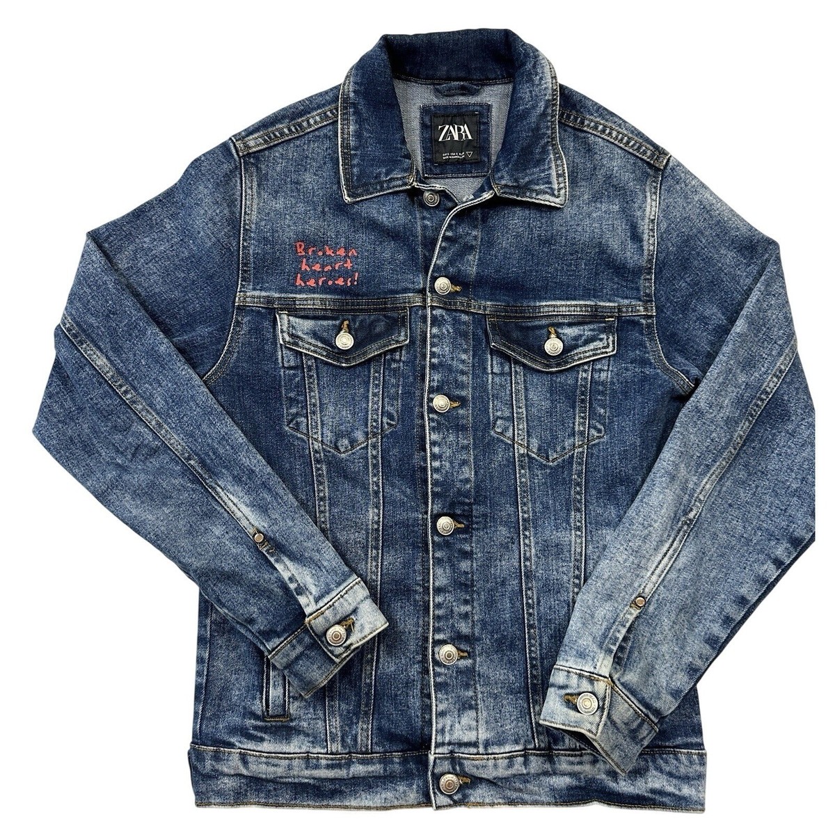 Zara Denim Jacket Mens S Blue Excellent Broken Heart Heroes