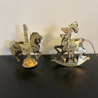 2 Vtg Gold Tone Metal Carousel Horse & Deer Ornaments Detailing 3D 4 