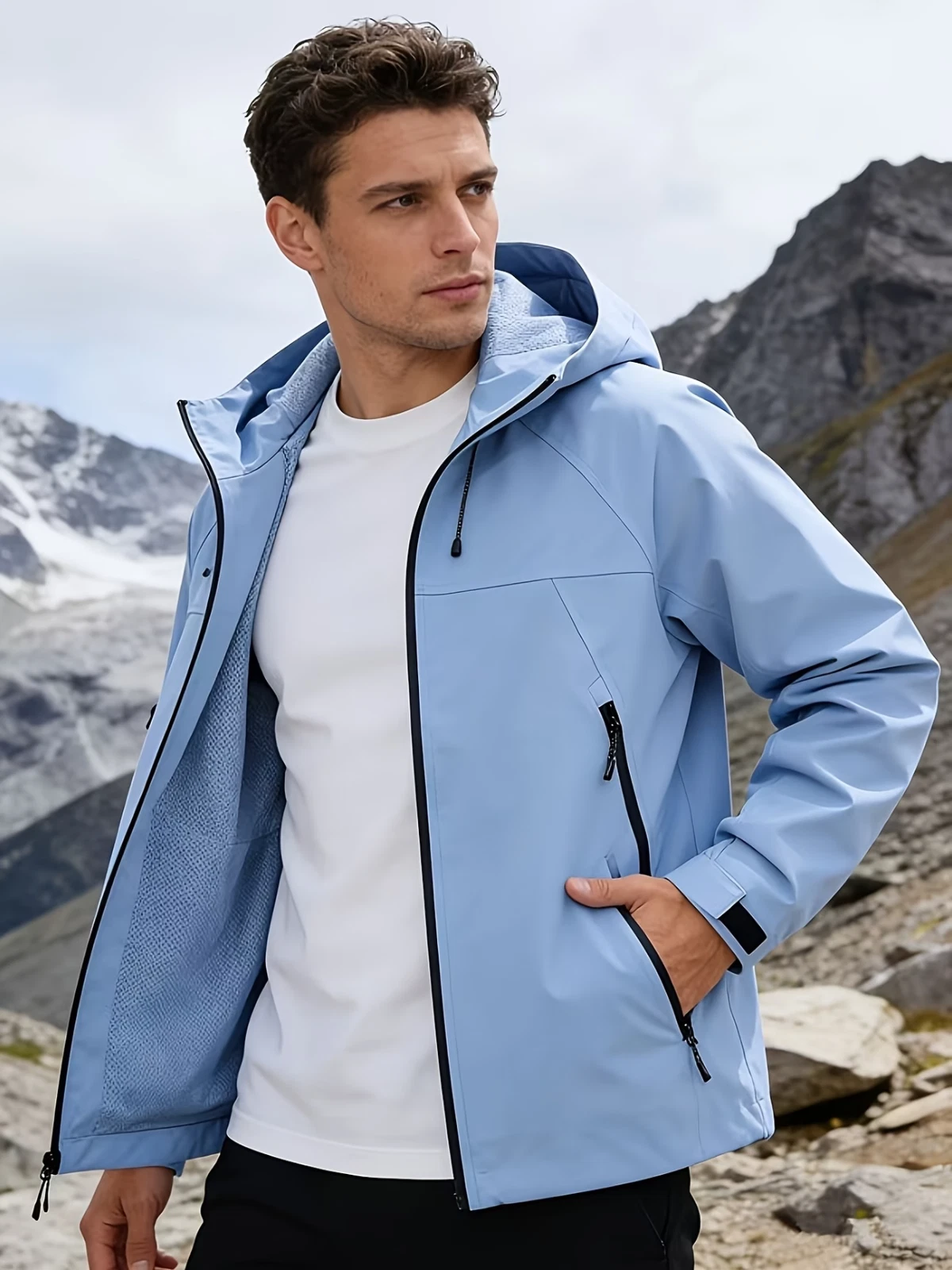 Men’s Lightweight Sky Blue Hooded Jacket Full Zip Outdoor Sports Hiking Coat