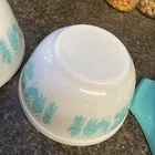 White Milk Glass Bowl, Blue Amish Butterprint Rooster Farm Pattern, Round