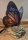Vintage Tiffany Style Stained Glass Butterfly Accent Lamp Rose Base 8.5"