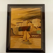 Italian Marquetry Wall Art Sailboat Coastal Scene Wood Inlay Vintage Home Decor
