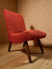 Vintage Red Upholstered Chair Mid-Century Curved Back Wooden Legs H:75cm  Retro