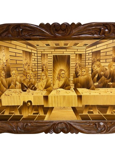 Vintage Last Supper Picture Inlaid Bamboo In Carved Wood Frame 14”x26” - Picture 3 of 5