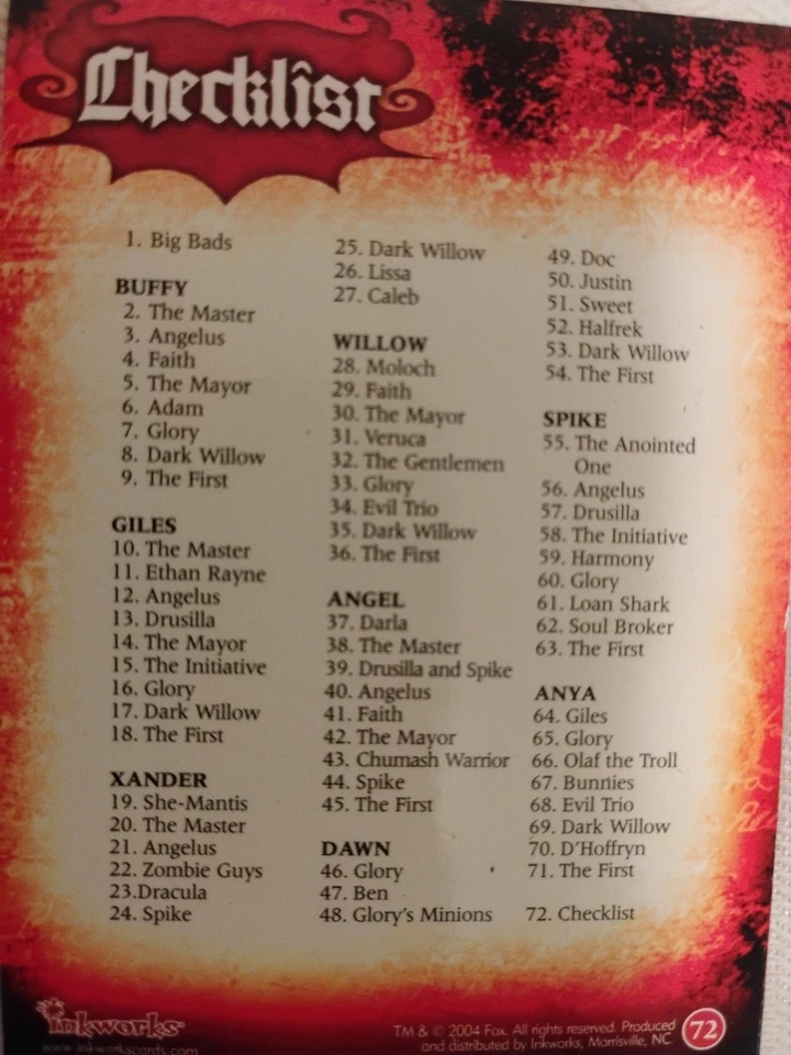 Buffy The Vampire Slayer Big Bads Trading Card Base Set 72 Cards M/NM - Image 2 of 2