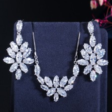 Silver Plated CZ Crystal Dangle Drop Earrings Pendant Necklace Women Jewelry Set