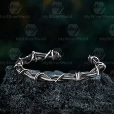 925 Sterling Silver Turkish Handmade Men's Adjustable Barbed Wire Cuff Bracelet