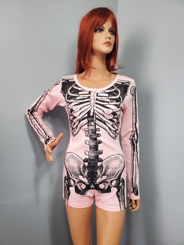 Small PINK Long-Sleeve Skeleton Romper | DOLLS KILL | Trickz N' Treatz