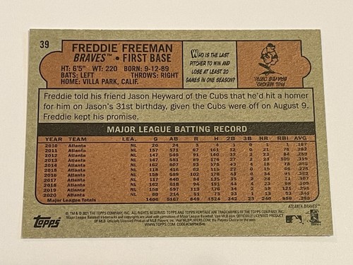 2021 Topps Heritage Baseball #39 - Freddie Freeman - Atlanta Braves - Picture 2 of 2