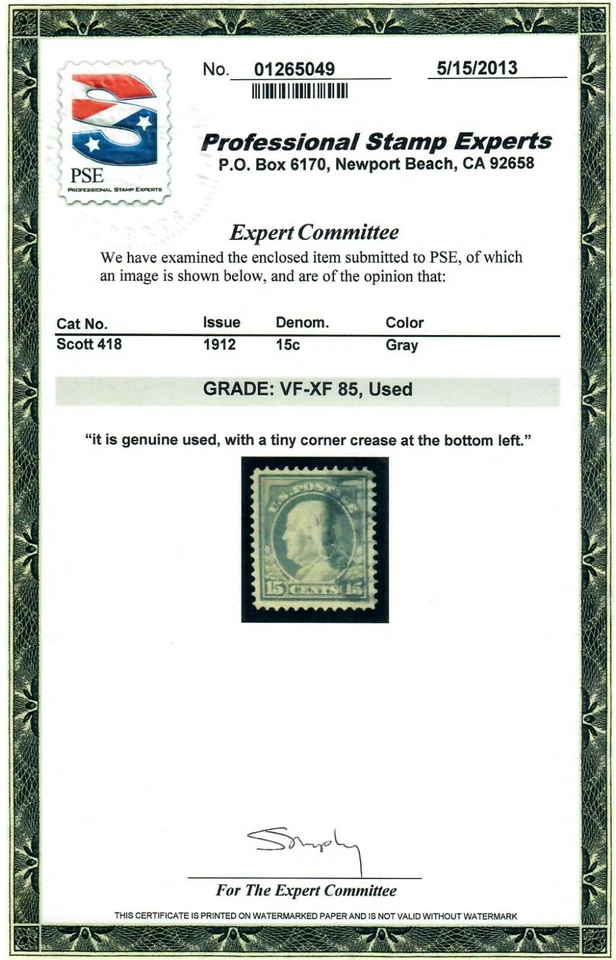 Scott 418 Used Premium Example PSE Graded VF-XF 85 - Image 2 of 2