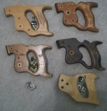 VTG wooden Hand Saw Handles (Lot of 5) 3 w/Brass Medallion Hardware, USA + extra