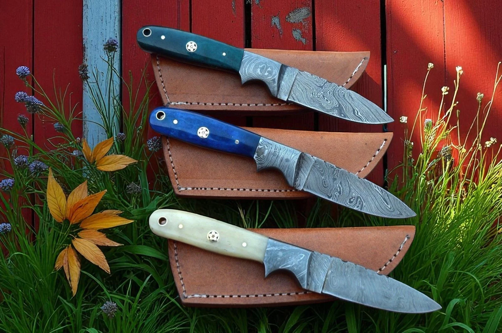 Handmade Damascus Steel Skinning, Hunting, Survival Lot of 3 Knives W/ Sheath -2