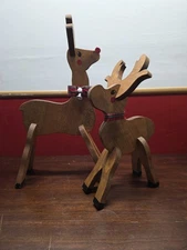 Pair Of Wooden Rudolf Reindeer Statues Hand Crafted
