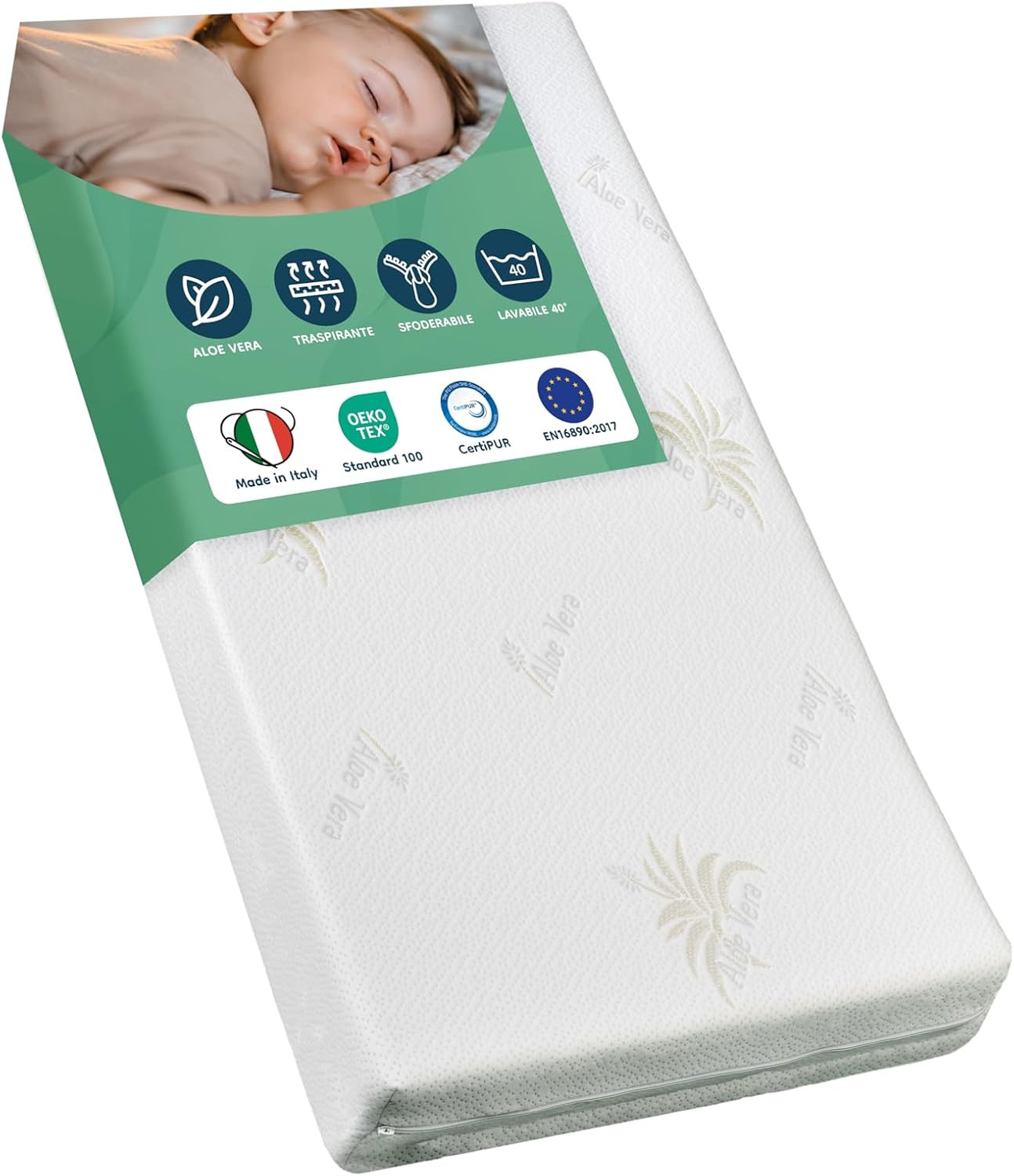 | Materasso Culla Neonato 60 X120 Alto 11Cm, Materasso Lettino Bambino ALOE VERA