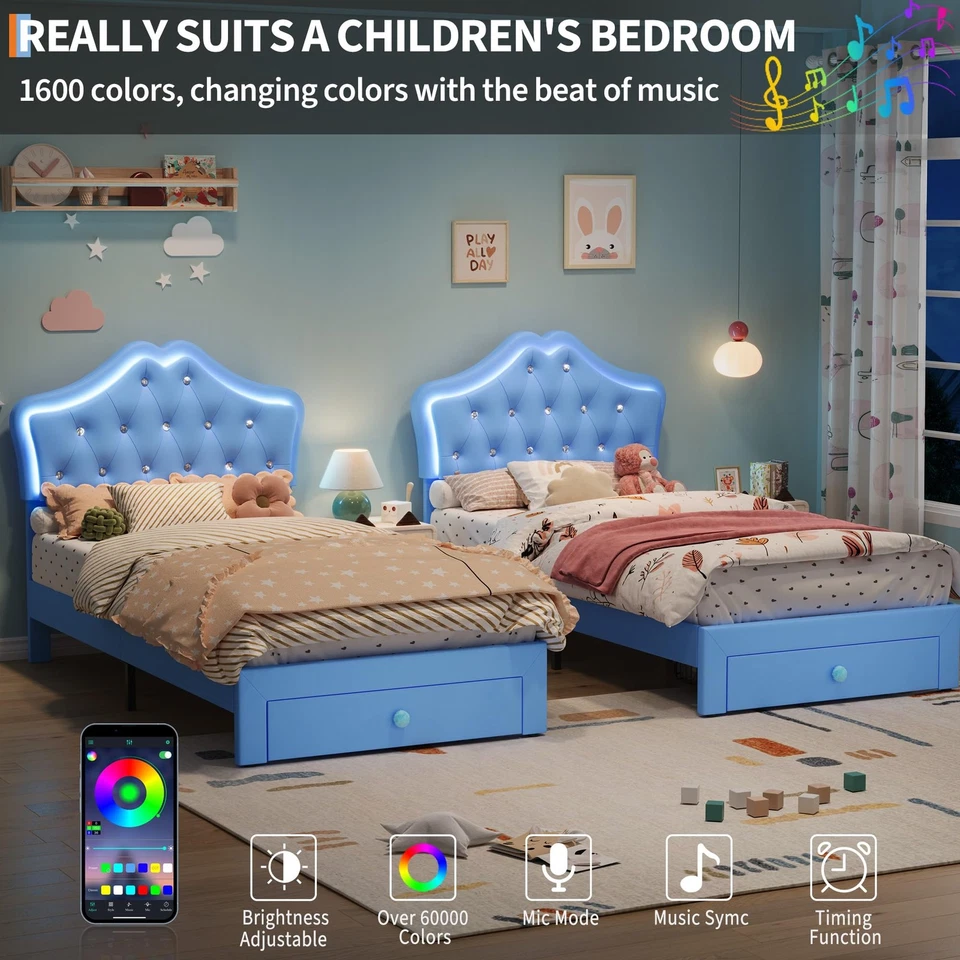 Marco de cama tamaño doble con cabecero de botón de cristal de terciopelo y plataforma de luz LED, azul Foto 4 de 4