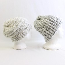 Lot of 2 Handmade Adult White Gray Crochet Beanies Warm Winter Hats