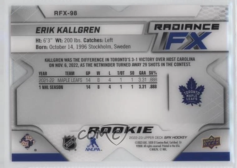 2022-23 SPx Radiance F/X Rookies /549 Erik Kallgren #RFX-98 Rookie RC - Image 2 of 2