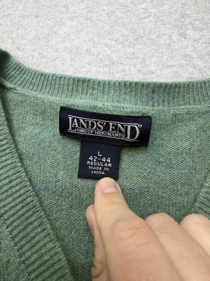 Lands' End Sweater Mens Large Green Heather 100% Cashmere V Neck Pullover Soft - Image 4 of 4