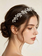 Bridal Wedding Headband Headpiece for Women, Silver Rhinestone Pearl Tiara Hair