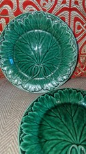Pair Wedgewood Majolica Green Leaf Plates Cabbage Ware Vintage
