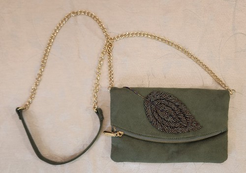 CHARMING CHARLIE Green Suede Crossbody Bag with Glass Bead Leaf Detail