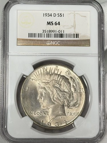 1934-D $1 Peace Silver Dollar NGC MS64 Silver Denver US Coin BETTER DATE!