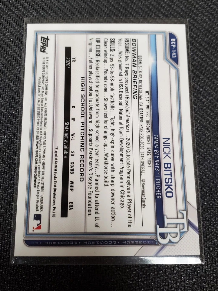 2021 Bowman Chrome Prospects Sapphire Gold /50 Nick Bitsko Rays - Image 2 of 2