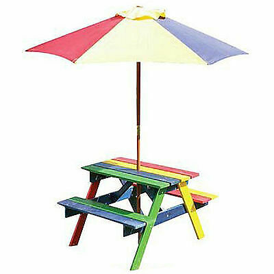 Children S Wooden Rainbow Garden Picnic Table Bench Parasol Set