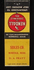1940s Sidles Co. Kendall Motor Oil D. A. Pratt Norfolk NE Madison Co Matchbook