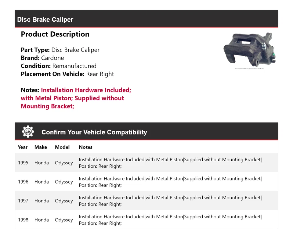 Pinça de freio a disco traseira direita Cardone 1996 1997 Honda Odyssey 1995-1998 - Imagem 2 de 4