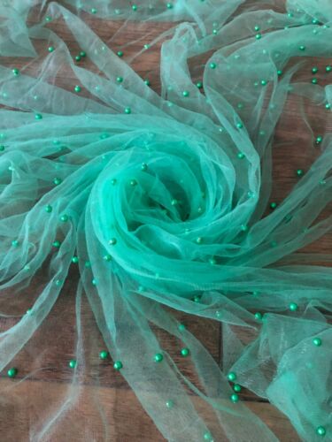 ELEGANT SOFT PEARL BEADED BRIDAL LACE FABRIC TULLE NET 60” WIDE DRESS SCARVES - Picture 11 of 104