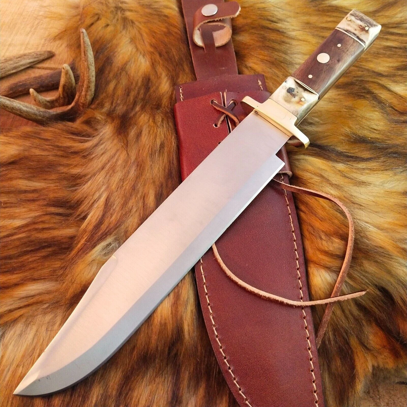 Custom handmade D2 Steel bowie hunting knife full tang with leather sheath