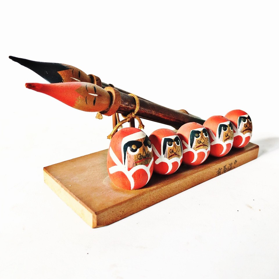 Japanese Daruma Kokeshi Wooden Doll Brush Calligraphy Fortune Good Luck