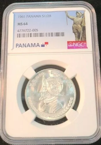 1961 PANAMA SILVER 1/2 BALBOA VASCO NUNEZ DE BALBOA NGC MS 64 FROSTY BU LUSTER
