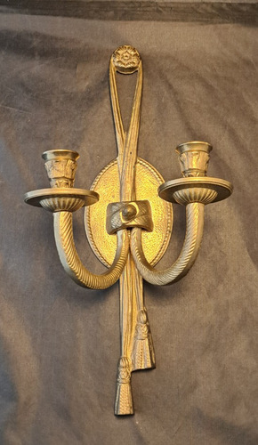 Vintage Hollywood Regency Heavy Brass Gold Finish Double Candle Wall Sconce 14.5