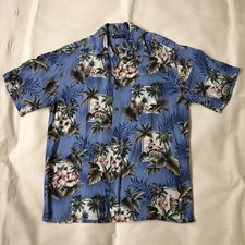 Pierre Cardin Vintage Rayon Hawaiian Tropical Shirt Hibiscus Pineapple Blue Exc