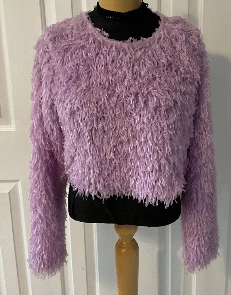 ZARA Womans Pink Feather Effect Cropped Sweatshirt Sweater SzLarge