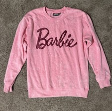 Pink BARBIE Icon Pullover Sweatshirt Medium Glitter Logo Warm Cozy Fleece Lined