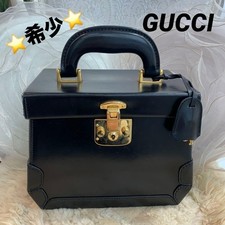 GUCCI Leather Vanity Bag Black Lady Lock Vintage Rare Top Handle Classic Italy