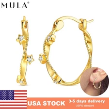 MULA European Women Hoop Earrings AAA CZ Golden Star Twisted 925 Silver Jewelry