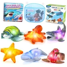 6 Pack Light Up Bath Toys & Magic Bath Book & Storage Bag for Toddler, No Hole 