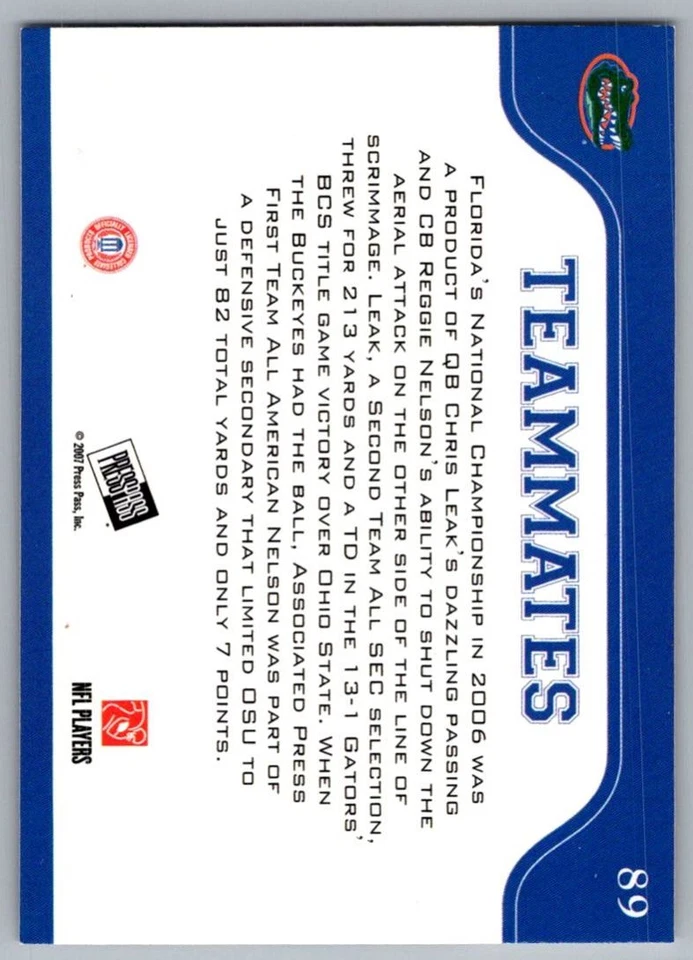 2007 Press Pass Reflectors Blue Chris Leak/Reggie Nelson Florida Gators #89 - Image 2 of 2
