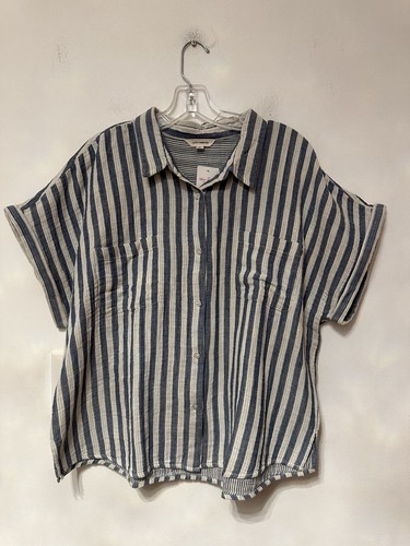 New Woman Lucky Brand Button Up Blouse Size XL Short Sleeves Striped 100% Cotton
