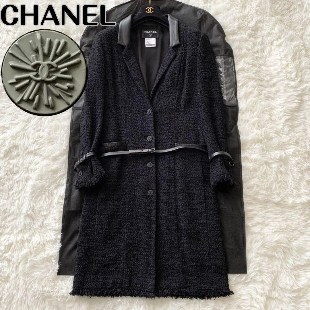 Cappotto lungo Chanel in pelle di agnello tweed con cintura nero 38 04A