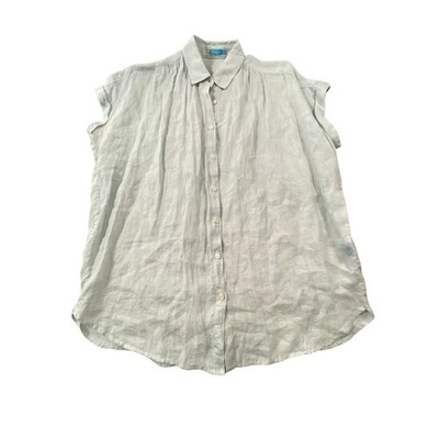 J.McLaughlin Womens Blue White Pinstripe Linen Short Sleeve Button Down Shirt M