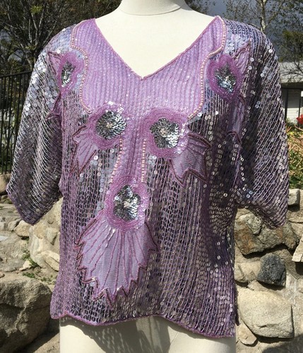 Vintage Lavender+Silver Indian Silk Sequin Top Goldstar XS-M - Picture 1 of 5