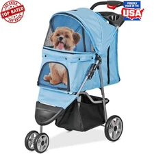 Foldable Pet Stroller Cats Dogs 3 Wheels Weather Cover Storage Basket Cup Holder