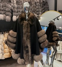 Women's Black Cape Overcoat Genuine Fox Fur Cloak Shawl Handmade Standard Size