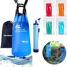 Water Filter Straw with 6L Gravity Bag+4x Collapsible Water Pouch Water Purifier