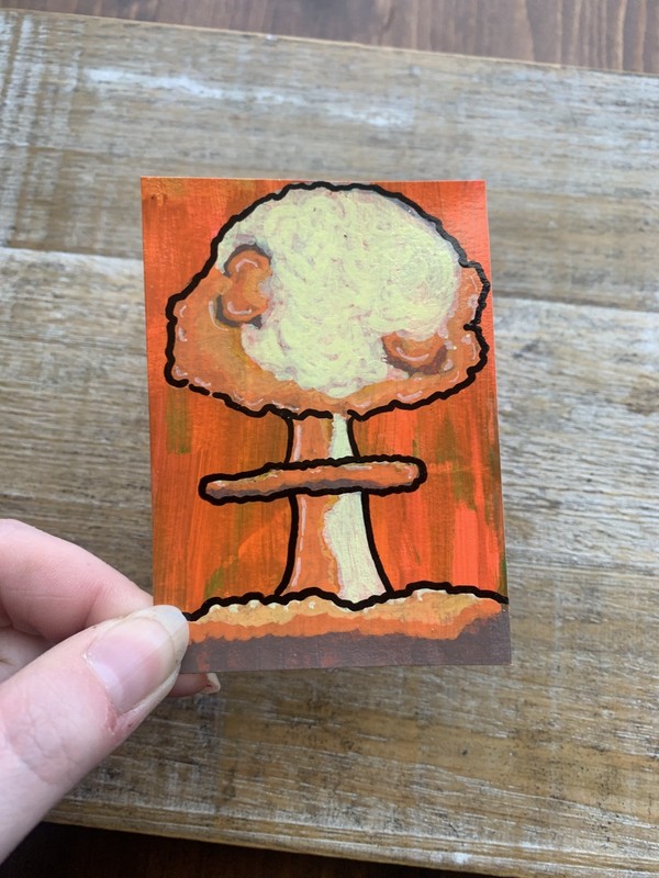 Original ACEO Acrylic Mini Painting 2.5x3.5 Anti War Mushroom Cloud Atomic Bomb